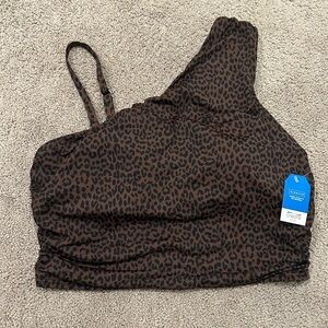 NWT Land’s End Ruched One-Shoulder Midkini Leopard Print swim Top